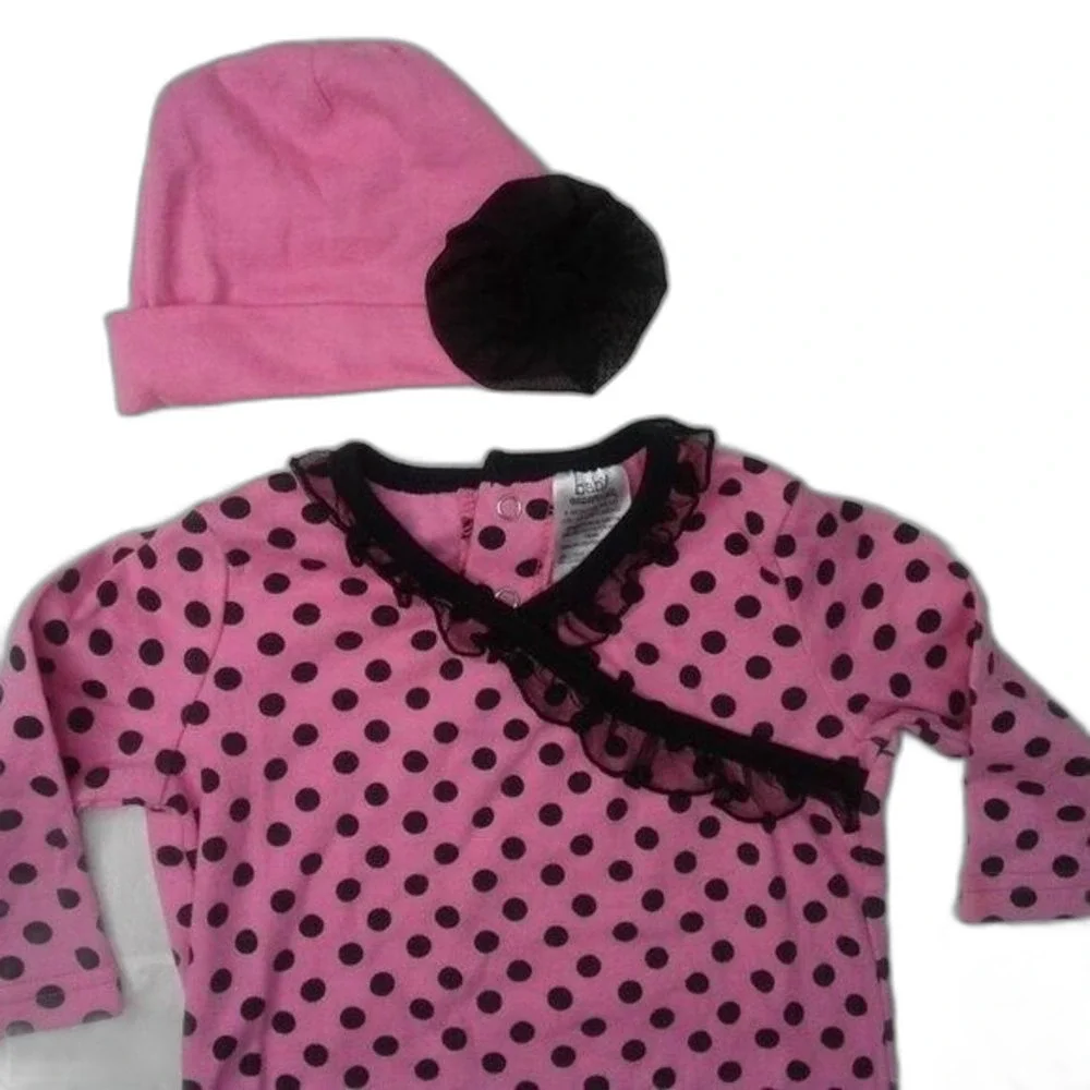 baby essentials Pink & Black 3pc Set Onesie Leggings Hat Polka Dots Ruffle 9Mo